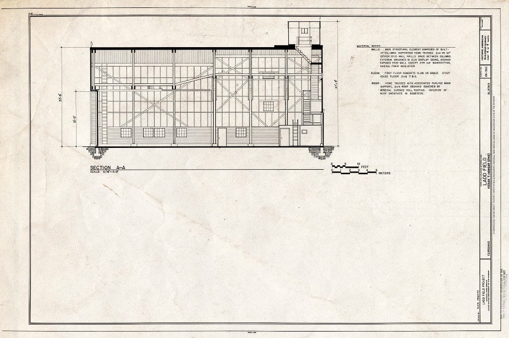 Blueprint 4. Section A-A and Material Notes - Ladd Field, Kodiak T-Hangar, Fort Wainwright, Fairbanks, Fairbanks North Star Borough, AK