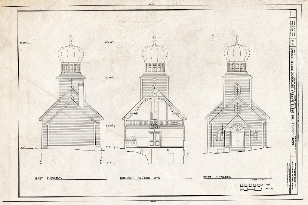 Blueprint 4. East and west elevations; Section A-A - Saint George Russian Orthodox Church, St. George Island, Pribilof Islands, Saint George, Aleutians West Census Area, AK