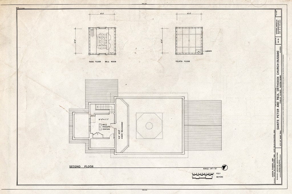 Blueprint 3. Second floor, third floor bell room, and fourth floor plans - Saints Peter & Paul Russian Orthodox Church, Church Street, Saint Paul, Aleutians West Census Area, AK