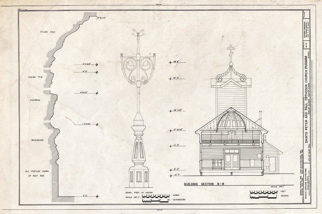 Blueprint 7. Section B-B, Plus Details and Newell Post - Saints Peter & Paul Russian Orthodox Church, Church Street, Saint Paul, Aleutians West Census Area, AK