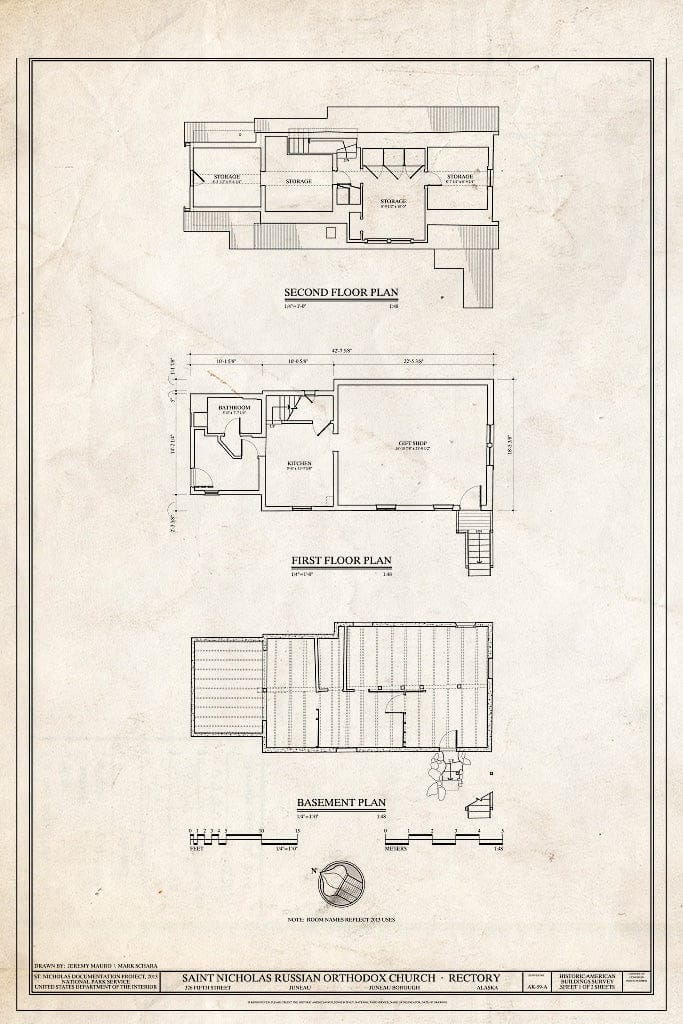 Blueprint Basement, First Floor, and Second Floor Plans - St. Nicholas Russian Orthodox Church, Rectory, 326 Fifth Street, Juneau, Juneau Borough, AK