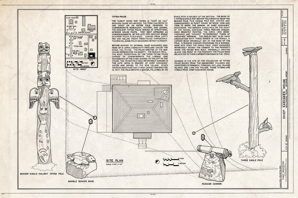 Blueprint 2. Site Plan, Totem Poles, Marble Beaver Base, Russian Cannon - Chief Kashakes' House, Mile 2.5 South Tongass Highway, Saxman, Ketchikan Gateway Borough, AK