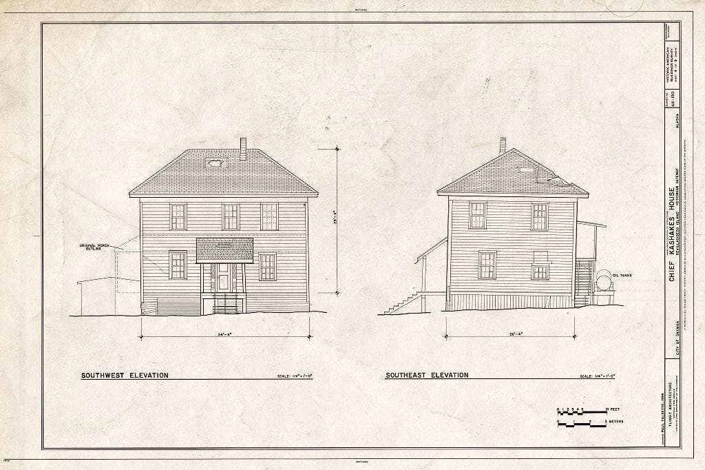 Blueprint 4. Southwest and Southeast elevations - Chief Kashakes' House, Mile 2.5 South Tongass Highway, Saxman, Ketchikan Gateway Borough, AK