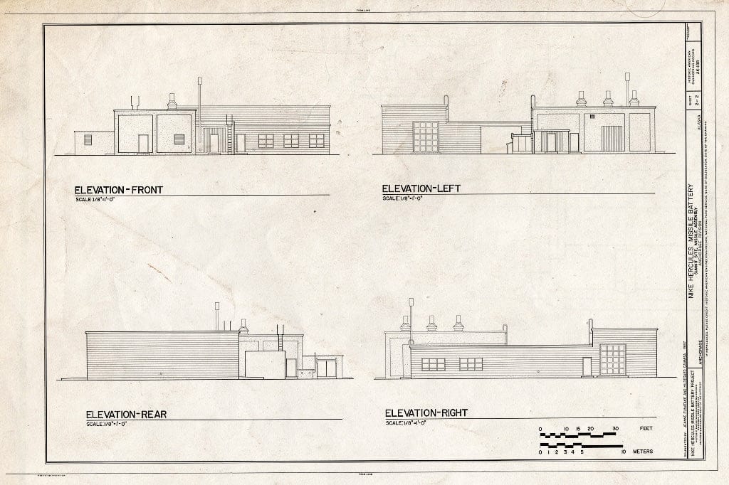 Blueprint Elevation - Front; Elevation - Left; Elevation - Rear; Elevation - Right - Nike Hercules Missile Battery Summit Site, Missile Assembly, Anchorage, Anchorage, AK