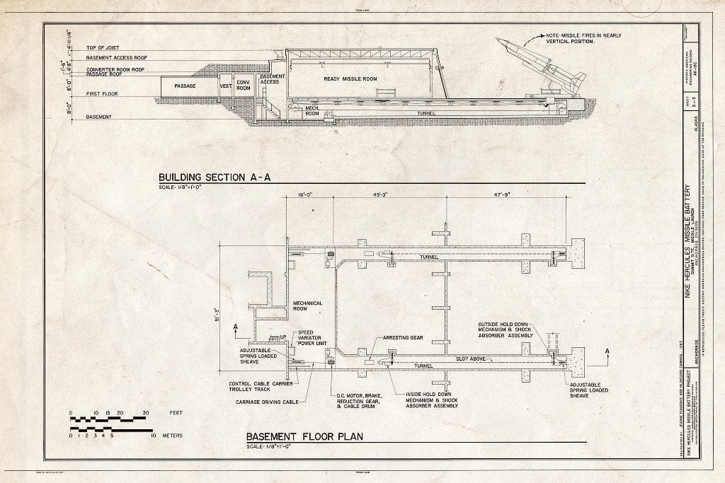 Blueprint Building Section A-A; Basement Floor Plan - Nike Hercules Missile Battery Summit Site, Missile Launch, Anchorage, Anchorage, AK