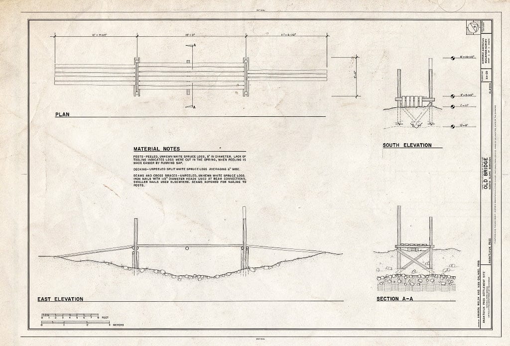 Blueprint 1. Plan; East and South elevations; Section A-A - Old Bridge, Spanning Former Branch of Contact Creek Near Summer Street, Anaktuvuk Pass, North Slope Borough, AK