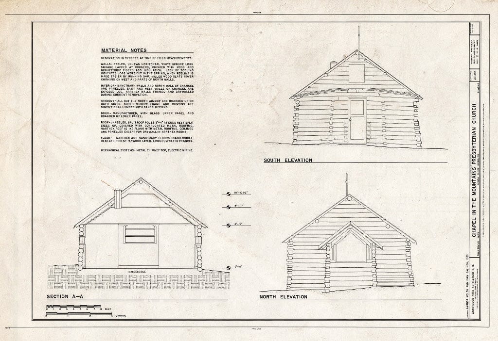 Blueprint 2. South and North elevations, Section A-A, Material Notes - Chapel in The Mountains Presbyterian Church, Airport Road, Anaktuvuk Pass, North Slope Borough, AK