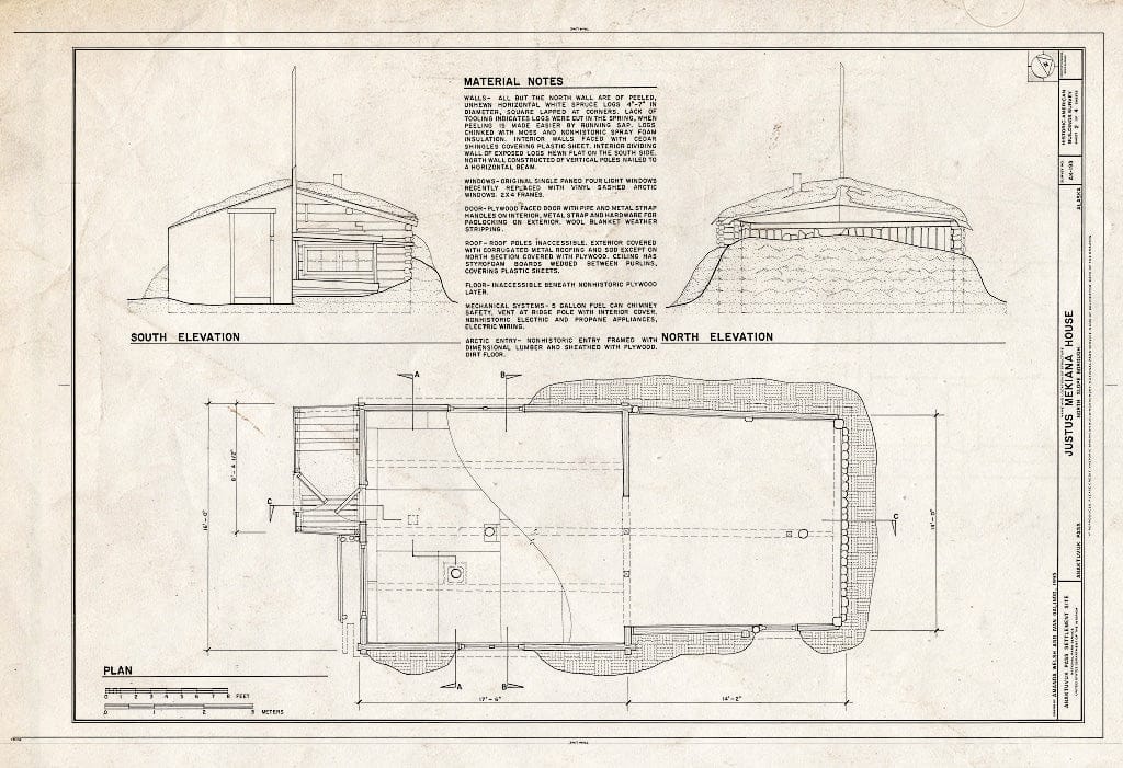 Blueprint 2. Plan; South and North elevations; Material Notes - Justus Mekiana House, 3022 Main Street, Anaktuvuk Pass, North Slope Borough, AK