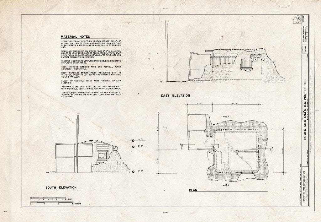 Blueprint 1. South and East elevations; Plan; Material Notes - Homer Mekiana's U.S. Post Office, 237 Airport Road, Anaktuvuk Pass, North Slope Borough, AK