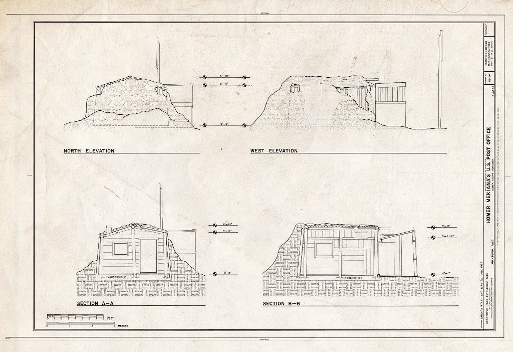 Blueprint 2. North and west elevations; Sections A-A and B-B - Homer Mekiana's U.S. Post Office, 237 Airport Road, Anaktuvuk Pass, North Slope Borough, AK