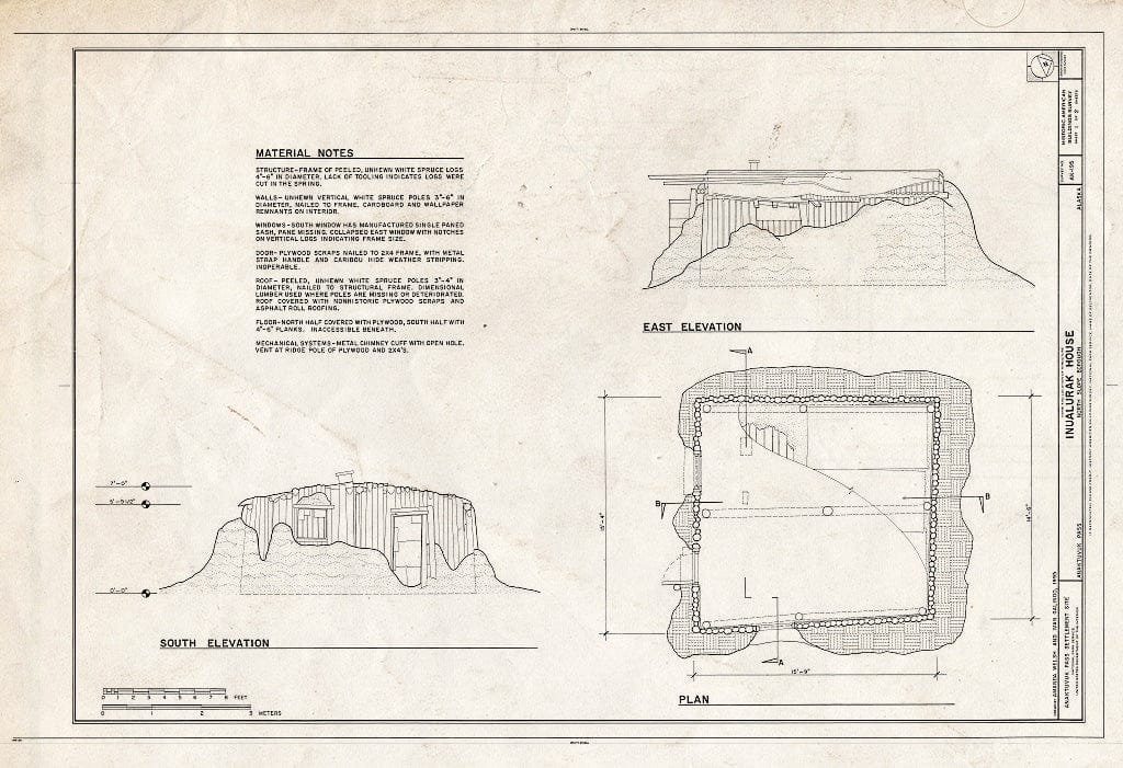 Blueprint 1. South and East elevations; Plan; Material Notes - Inualurak House, 325 Mekiana Road, Anaktuvuk Pass, North Slope Borough, AK