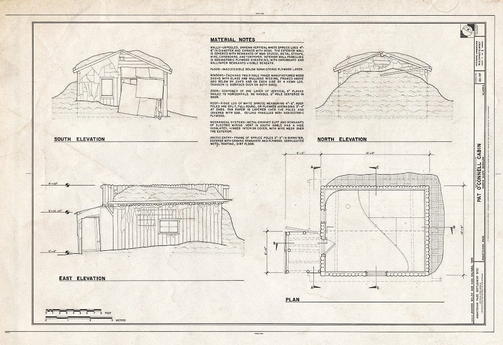 Blueprint 1. South, North, and East elevations; Plan; Material Notes - Pat O'Connell Cabin, 330 Mekiana Road, Anaktuvuk Pass, North Slope Borough, AK