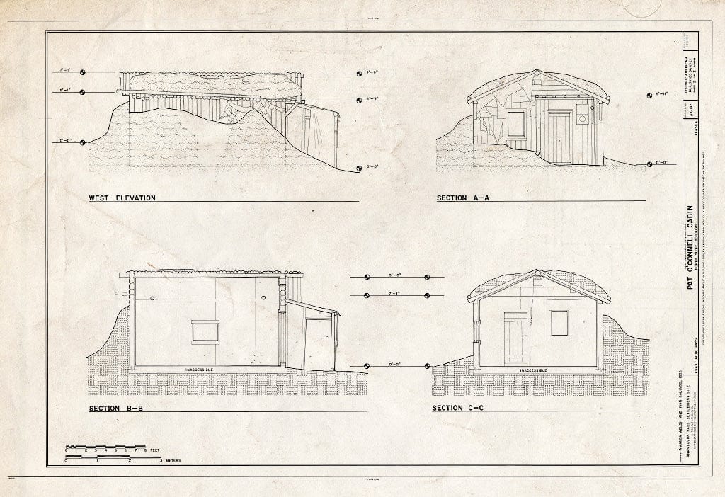 Blueprint 2. West Elevation; Sections A-A, B-B, and C-C - Pat O'Connell Cabin, 330 Mekiana Road, Anaktuvuk Pass, North Slope Borough, AK