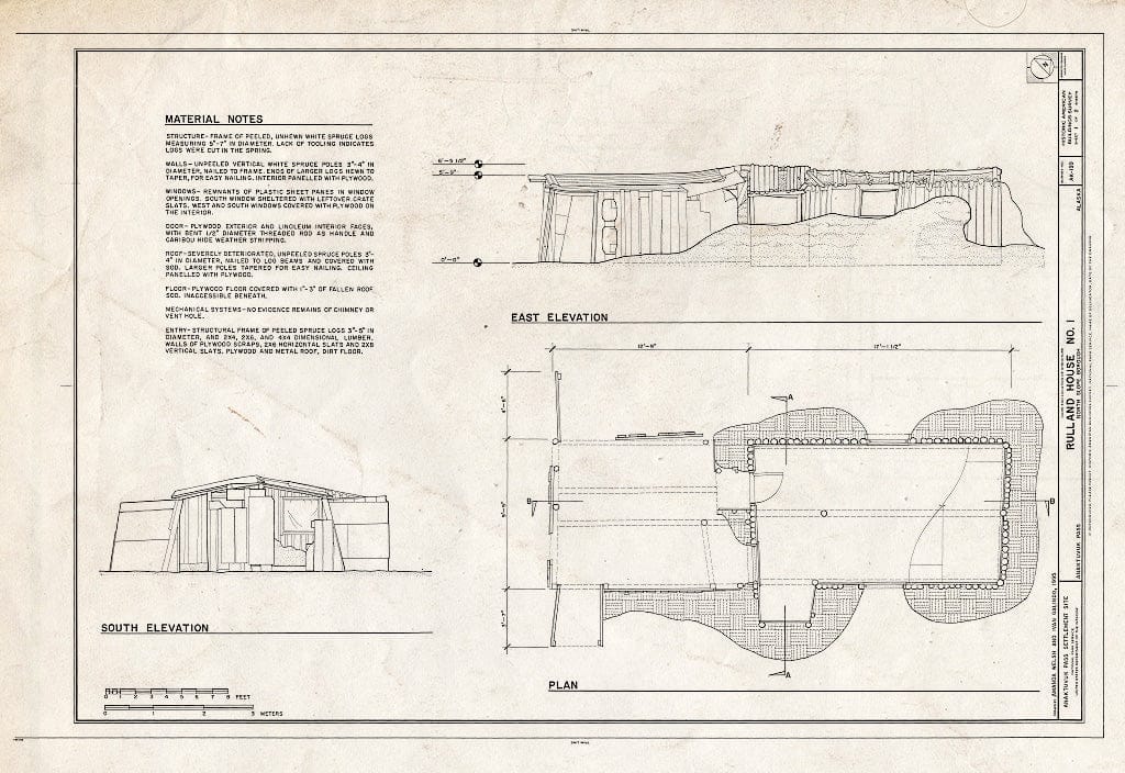 Blueprint 1. Plan, South and East elevations, Material Notes - Rulland House No. 1, 223 Airport Road, Anaktuvuk Pass, North Slope Borough, AK