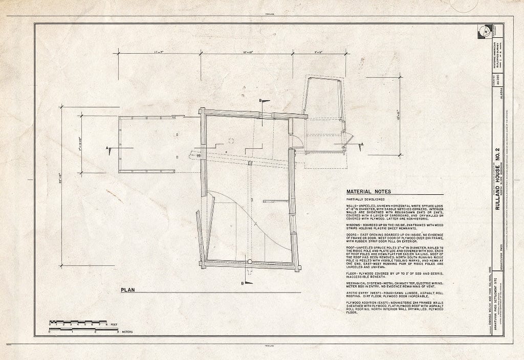 Blueprint 1. Plan and Material Notes - Rulland House No. 2, 213 Airport Road, Anaktuvuk Pass, North Slope Borough, AK