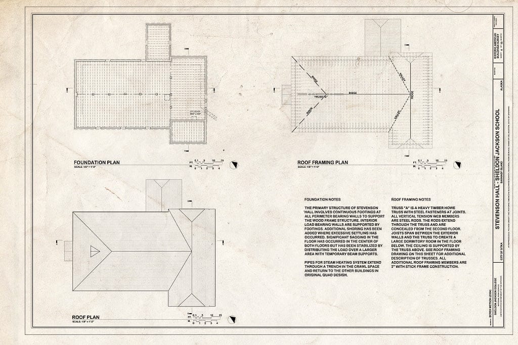 Blueprint Foundation, Roof, and Roof Framing Plans - Sheldon Jackson College, Stevenson Hall, Baranof Island, Sitka, Sitka Borough, AK