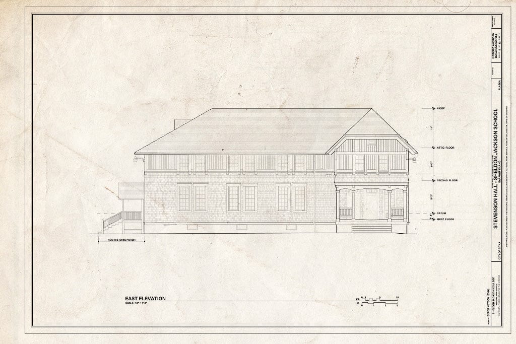 Blueprint East Elevation - Sheldon Jackson College, Stevenson Hall, Baranof Island, Sitka, Sitka Borough, AK