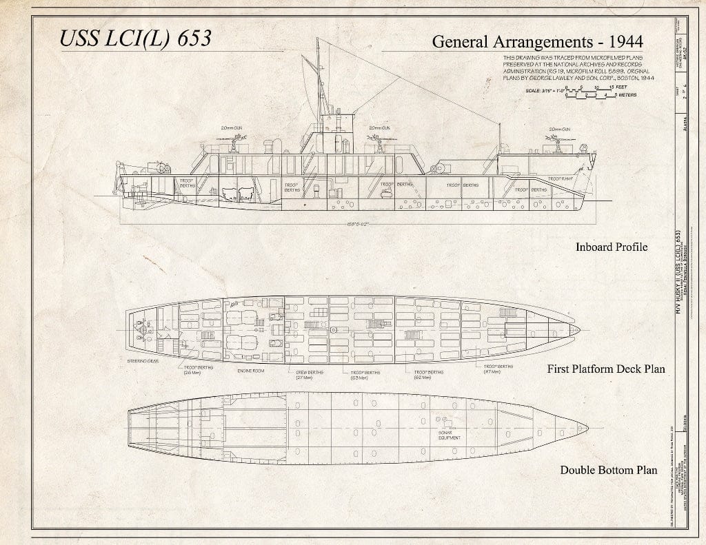 Blueprint 2. General Arrangements, 1944: Inboard Profile, First Platform Deck Plan, Double Bottom Plan - M/V Husky II, Seldovia Harbor, Seldovia, Kenai Peninsula Borough, AK