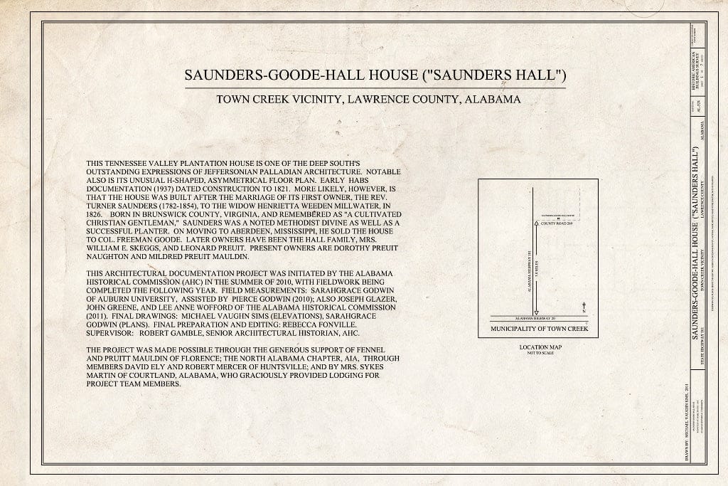 Blueprint Cover Sheet - Saunders-Goode-Hall House, State Highway 101, Town Creek, Lawrence County, AL