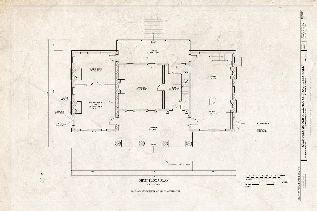 Blueprint First Floor Plan - Saunders-Goode-Hall House, State Highway 101, Town Creek, Lawrence County, AL