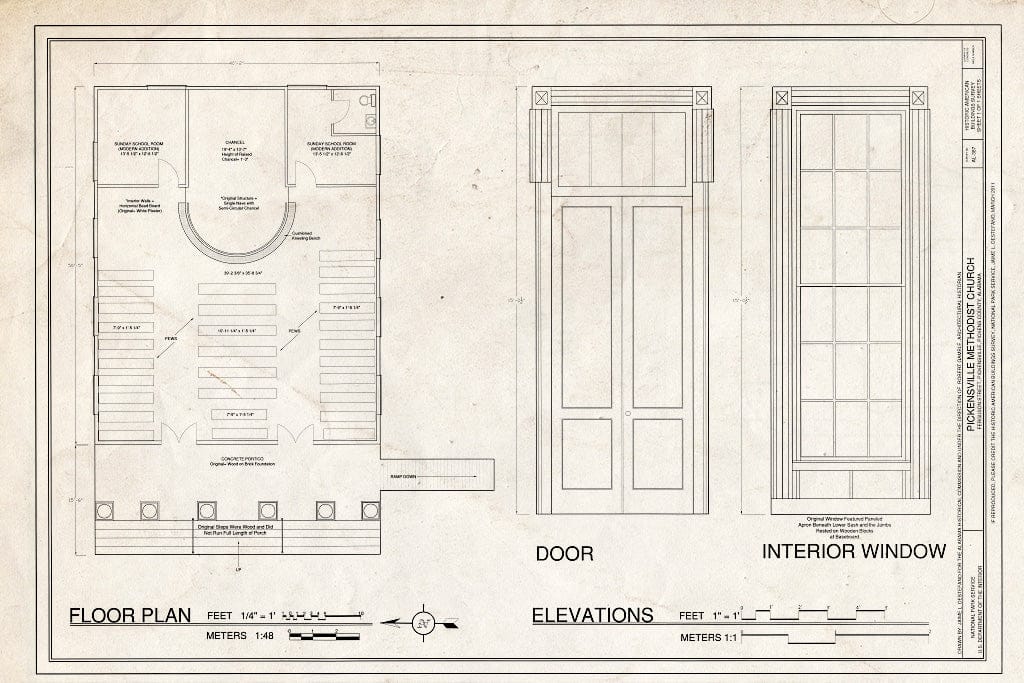 Blueprint Floor Plan, Door and Interior Window Elevations - Pickensville Methodist Church, Ferguson Street & Chopitoolas Avenue, Pickensville, Pickens County, AL