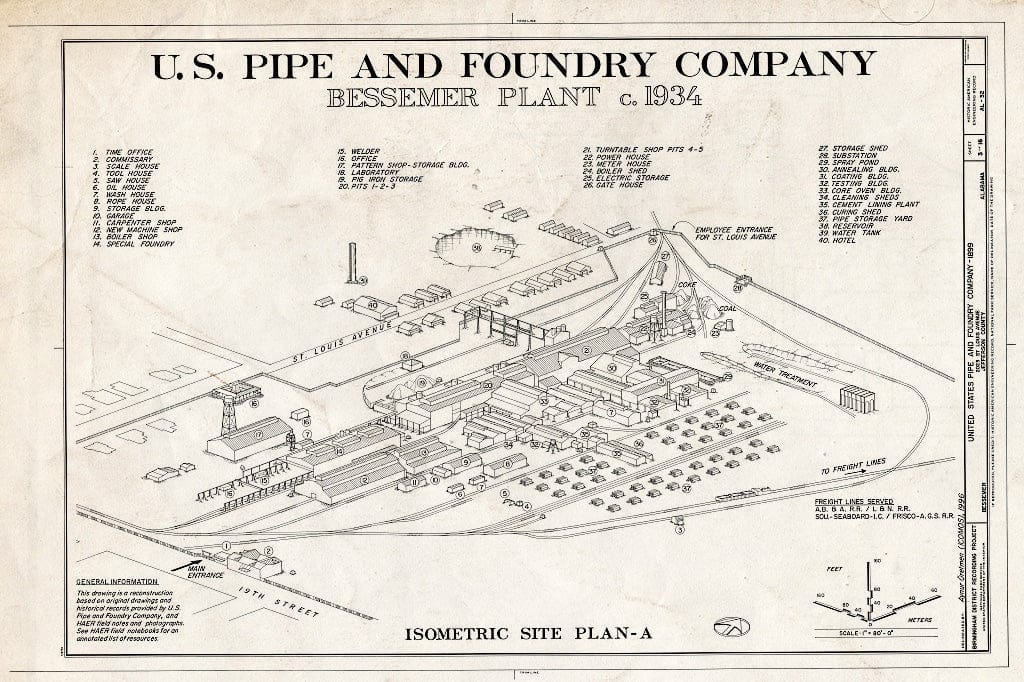 Blueprint 3. Bessemer Plant c. 1934 - United States Pipe & Foundry Company Plant, 2023 St. Louis Avenue at I-20/59, Bessemer, Jefferson County, AL