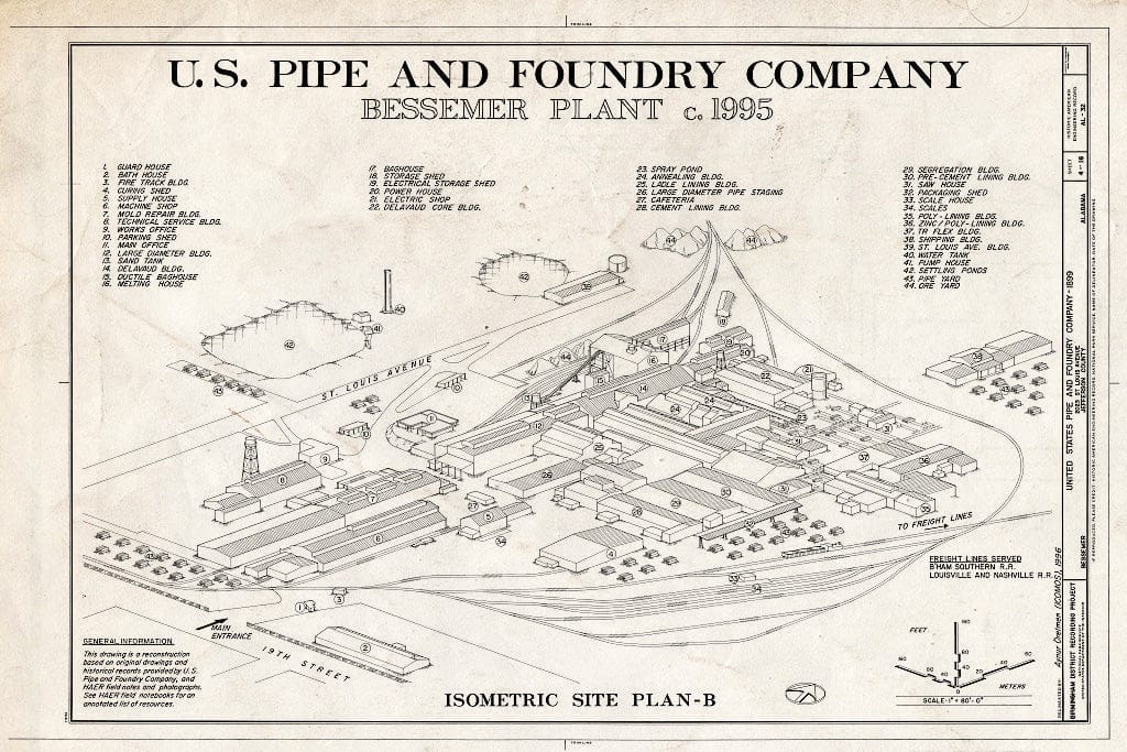 Blueprint 4. Bessemer Plant c. 1995 - United States Pipe & Foundry Company Plant, 2023 St. Louis Avenue at I-20/59, Bessemer, Jefferson County, AL