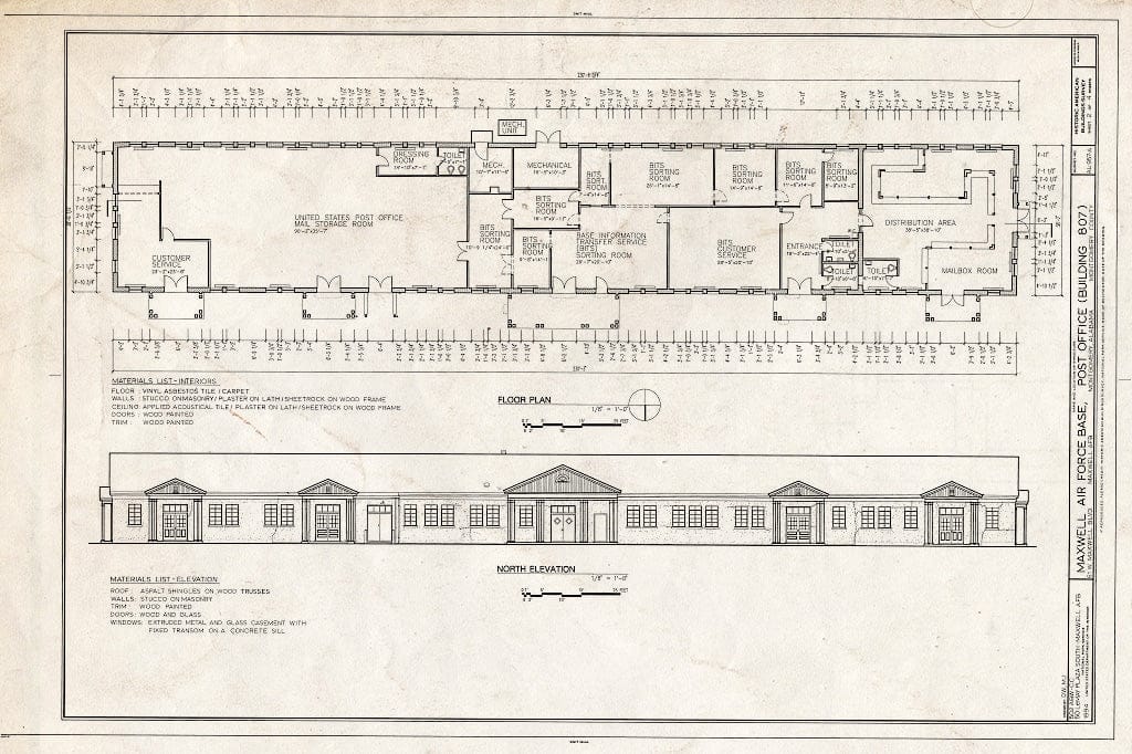 Blueprint Floor Plan & North Elevation - Maxwell Air Force Base, Post Office, 61 West Maxwell Boulevard, Montgomery, Montgomery County, AL