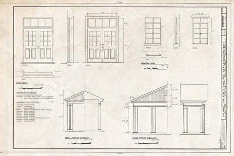 Blueprint Window detail, Small portico elevation & large portico elevation - Maxwell Air Force Base, Post Office, 61 West Maxwell Boulevard, Montgomery, Montgomery County, AL