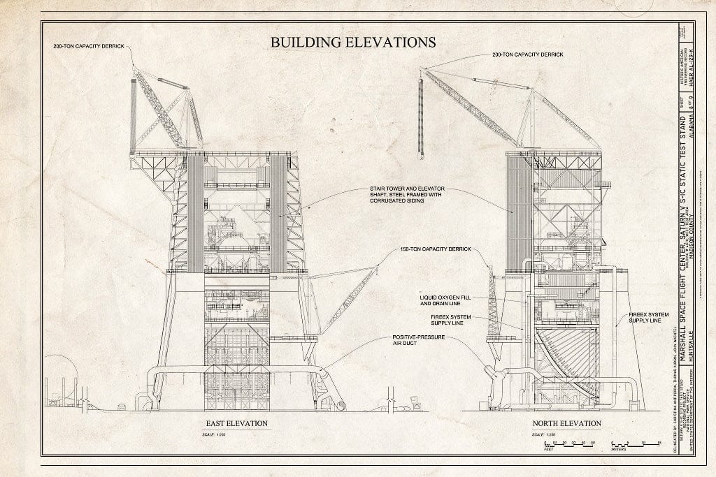 Blueprint East and North Elevations - Marshall Space Flight Center, Saturn V S-IC Static Test Facility, West Test Area, Huntsville, Madison County, AL