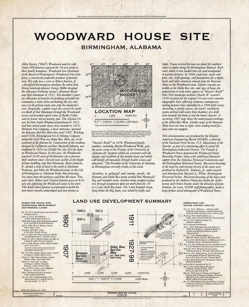 Blueprint 1. Cover - Woodward House Site, 401 Altamont Road, Birmingham, Jefferson County, AL