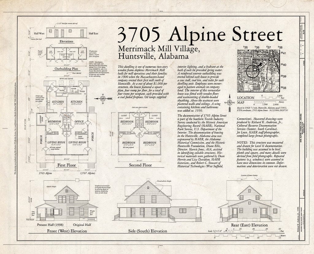 Blueprint First Floor Plan, Second Floor Plan, Elevations, and Outbuilding - 3705 Alpine Street, Southwest (House), 3705 Alpine Street, Southwest, Huntsville, Madison County, AL