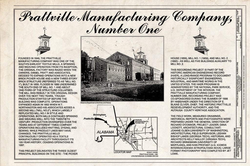 Blueprint Cover - Prattville Manufacturing Company, Number One, 242 South Court Street, Prattville, Autauga County, AL