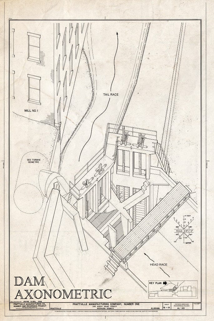 Blueprint Dam Axonometric - Prattville Manufacturing Company, Number One, 242 South Court Street, Prattville, Autauga County, AL