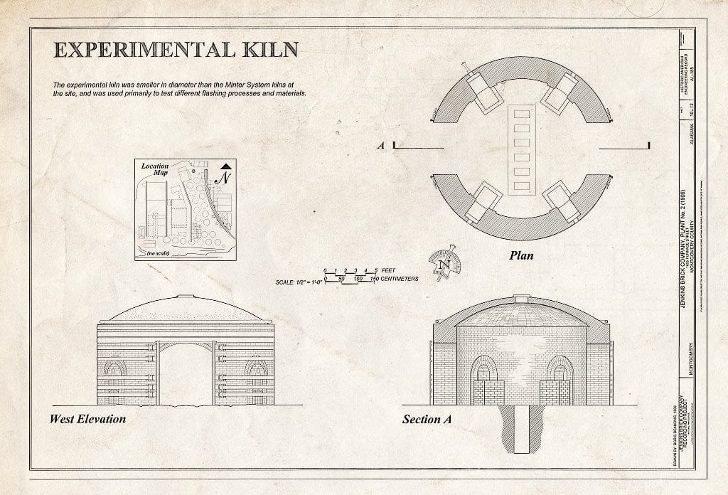 Blueprint Experimental Kiln, West Elevation, Plan and Section - Jenkins Brick Company, Plant No. 2, Furnace Street, Montgomery, Montgomery County, AL