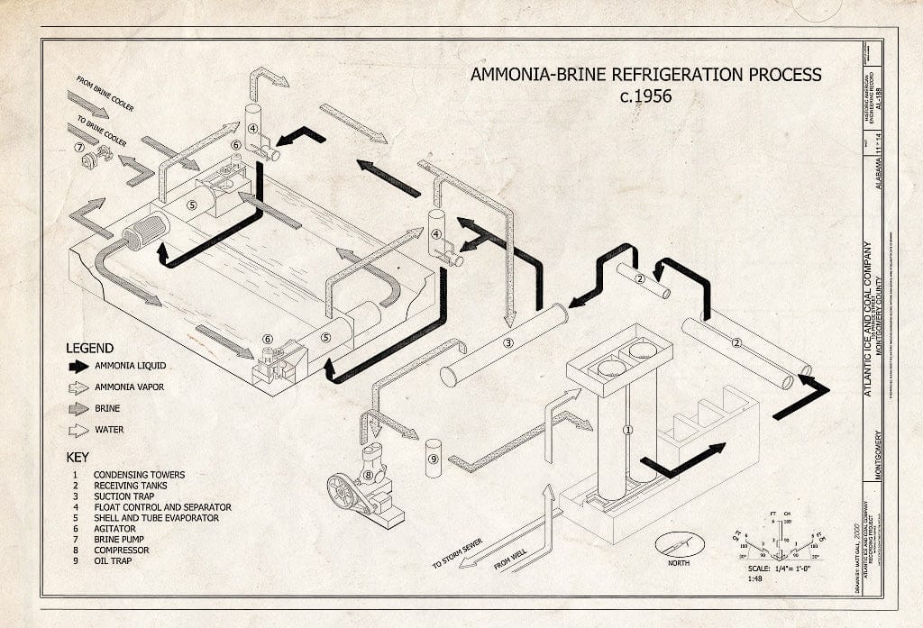 Blueprint Ammonia-Brine Refrigeration Process c. 1956 - Atlantic Ice & Coal Company, 135 Prince Street, Montgomery, Montgomery County, AL