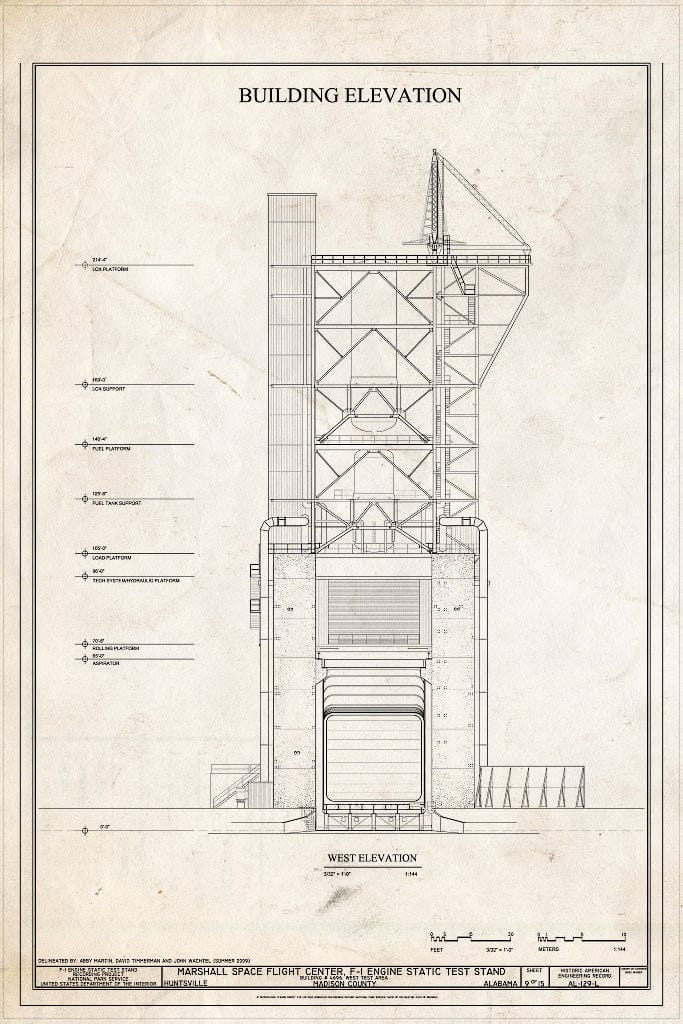 Blueprint Building West Elevation - Marshall Space Flight Center, F-1 Engine Static Test Stand, On Route 565 Between Huntsville and Decatur, Huntsville, Madison County, AL