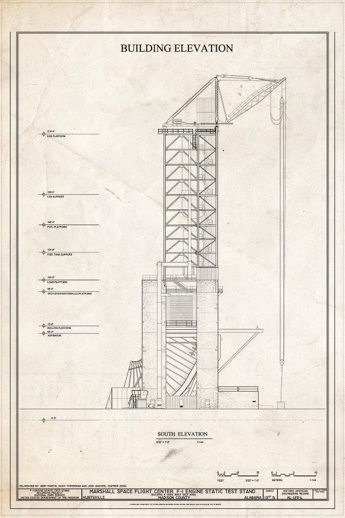 Blueprint Building South Elevation - Marshall Space Flight Center, F-1 Engine Static Test Stand, On Route 565 Between Huntsville and Decatur, Huntsville, Madison County, AL