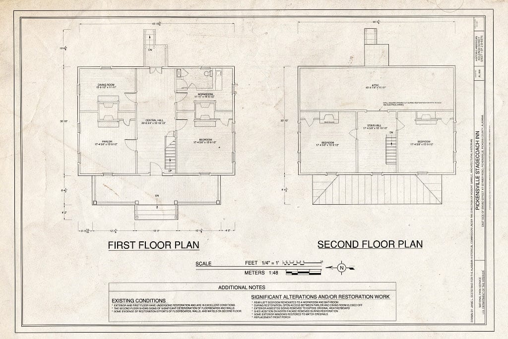 Blueprint First Floor Plan and Second Floor Plan - Pickensville Stagecoach Inn, East Side of Broad Street at Seymer Road, Pickensville, Pickens County, AL