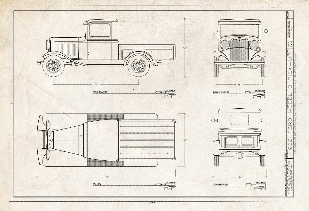 Blueprint Elevations and Top View - 1932 Ford Model B Pick-Up, Greenwood, Sebastian County, AR