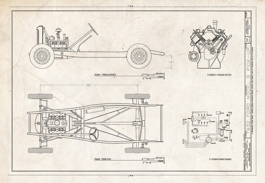 Blueprint Frame Elevation, Frame Plan, Flathead V-8 Engine Section, V-8 Engine Wiring Diagram - 1932 Ford Model B Pick-Up, Greenwood, Sebastian County, AR