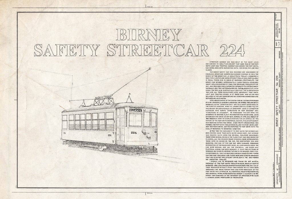 Blueprint Cover Sheet - Birney Safety Streetcar No. 224, Fort Smith Trolley Museum, Fort Smith, Sebastian County, AR