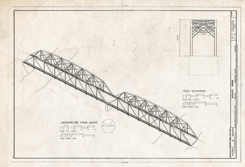 Blueprint East Elevation and Axonometric from Above - Woolsey Bridge, County Road 1408, Woolsey, Washington County, AR