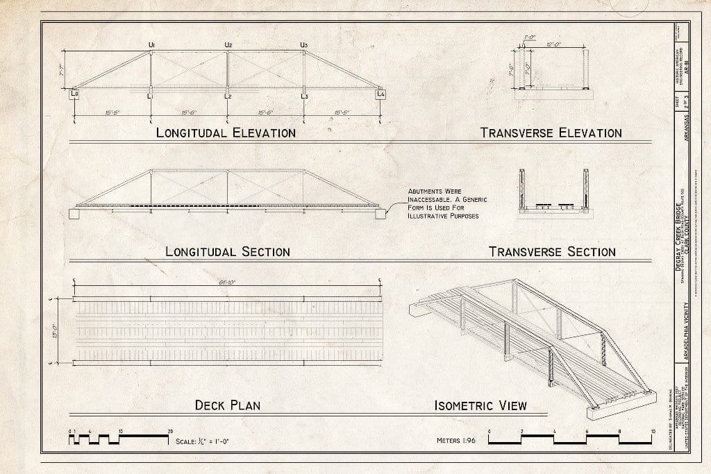 Blueprint Elevations, Sections, Deck Plan, and Isometric View - DeGray Creek Bridge, Spanning DeGray Creek at Blish Road (CR 50), Arkadelphia, Clark County, AR