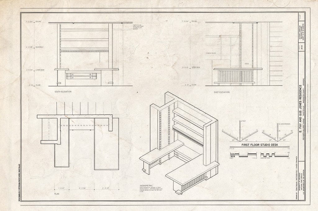 Blueprint First Floor Studio Desk - E. Fay & Gus Jones House, 1330 North Hillcrest Avenue, Fayetteville, Washington County, AR