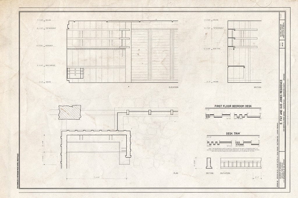 Blueprint First Floor Bedroom Desk - E. Fay & Gus Jones House, 1330 North Hillcrest Avenue, Fayetteville, Washington County, AR