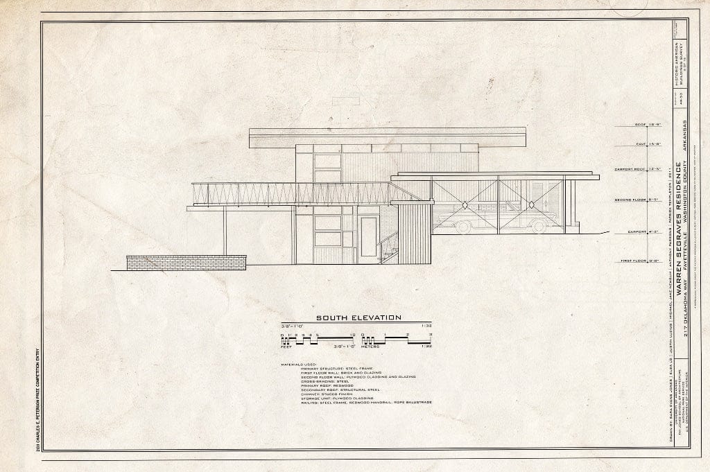 Blueprint 6. South Elevation - Warren Segraves Residence, 217 Oklahoma Way, Fayetteville, Washington County, AR