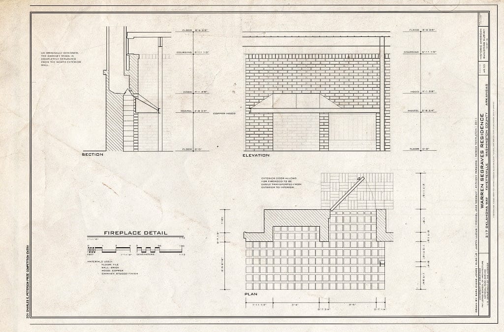 Blueprint 12. Fireplace Details - Section, Elevation, and Plan - Warren Segraves Residence, 217 Oklahoma Way, Fayetteville, Washington County, AR