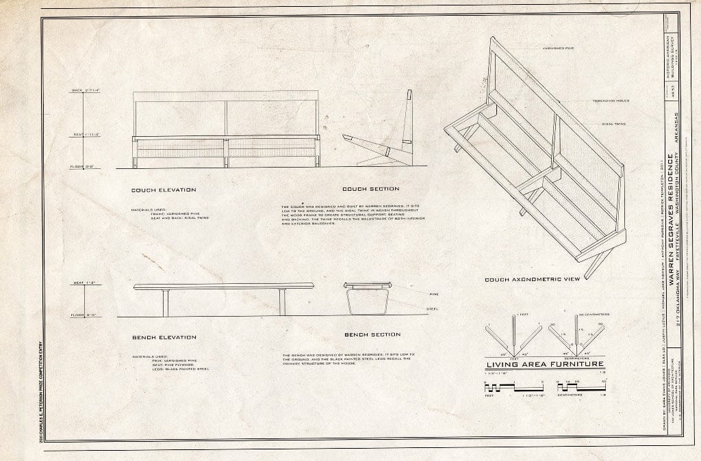 Blueprint 13. Living Area Furniture Detail - Couch and Bench - Warren Segraves Residence, 217 Oklahoma Way, Fayetteville, Washington County, AR