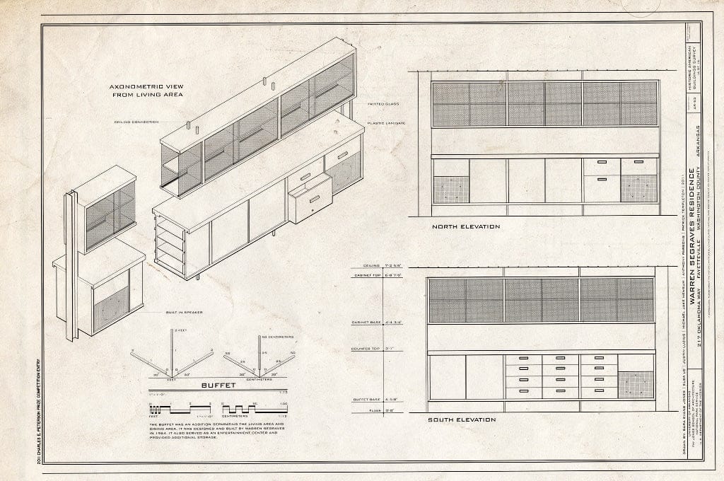 Blueprint 16. Buffet - Elevations and Axonometric View - Warren Segraves Residence, 217 Oklahoma Way, Fayetteville, Washington County, AR